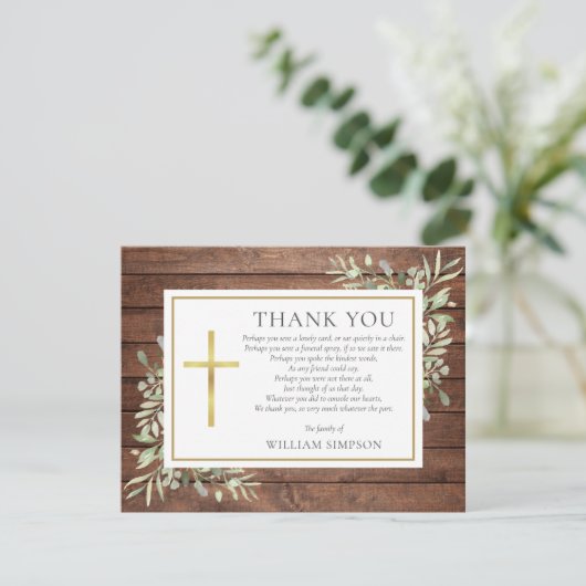 Christliches Beerdigungsgedicht Rustikales Waldgrü Dankeskarte (Stehend Vorderseite)