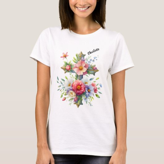 Christliches Blaues Kreuz durch blühende Blume T-Shirt (Vorderseite)