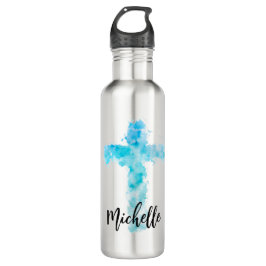 Christliches blaues Wasserfarbkreuz Edelstahlflasche