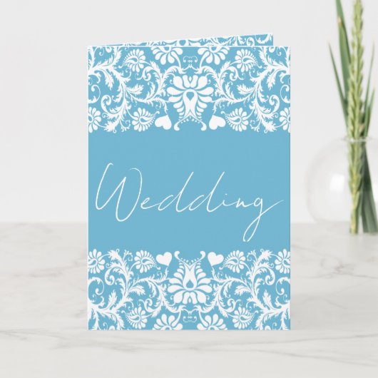 Christliches Blue & White Damask Foto Hochzeit Einladung (Vorderseite)