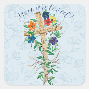Christliches Blumenkreuz Quadratischer Aufkleber