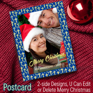 Christliches Cross Elegant Script Navy Blue Weihna Feiertagspostkarte