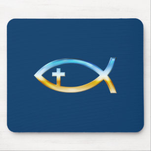 Christliches Fischsymbol mit Crucifix - Sky & Grou Mousepad