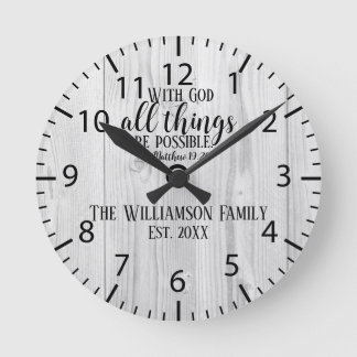 Christliches Geschenk rustikale Holzschrift Famili Runde Wanduhr