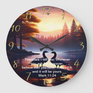 Christliches Glaubenskreuz mit Mark 11:24 Große Wanduhr