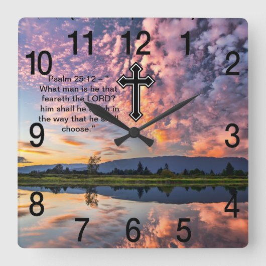 Christliches Glaubenskreuz mit Psalm 25:12 Quadratische Wanduhr (Vorderseite)