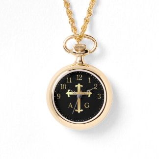 Christliches Goldkreuz auf Mit Monogramm Armbanduhr