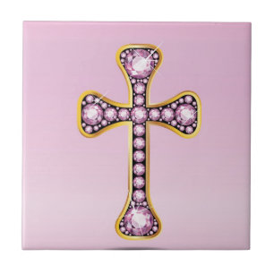 Christliches Goldkreuz mit Rose Quarzsteine Fliese