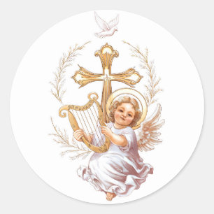 Christliches Heiligkreuz und Kupid Runder Aufkleber