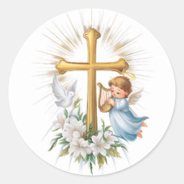 Christliches Heiligkreuz und Kupid Runder Aufkleber