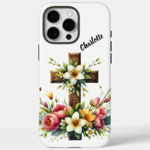Christliches Kreuz Gerahmt von farbenfroher Blumen iPhone 16 Pro Max Hülle