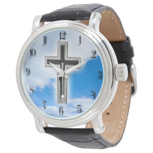 Christliches Kreuz im blauen Himmelshintergrund Armbanduhr