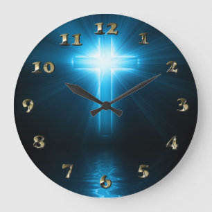 Christliches Kreuz im blauen Licht Große Wanduhr