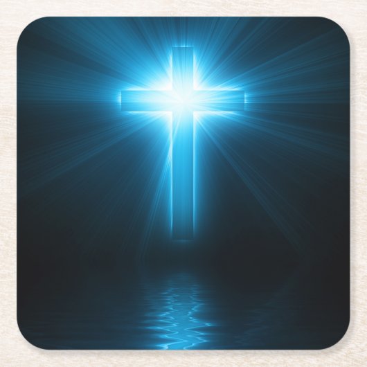 Christliches Kreuz in blauem Licht Rechteckiger Pappuntersetzer (Vorderseite)