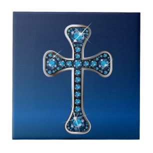Christliches Kreuz mit "Aquamarine"-Steinen Fliese