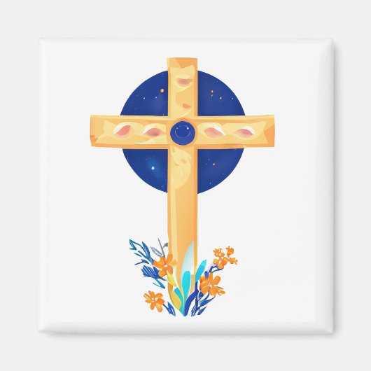 Christliches Kreuz mit Blume Magnet (Vorne)