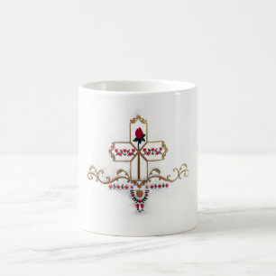 Christliches Kreuz mit der Roten Rose und Gold mit Kaffeetasse