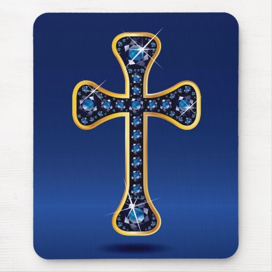 Christliches Kreuz mit Imitat "Saphir-" Steinen Mousepad (Vorne)