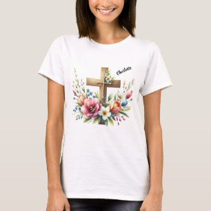 Christliches Kreuz mit lebendiger Blumenstruktur T-Shirt