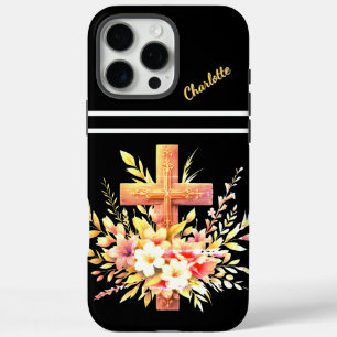 Christliches Kreuz mit lebhaften Frühlingsblüten iPhone 16 Pro Max Hülle
