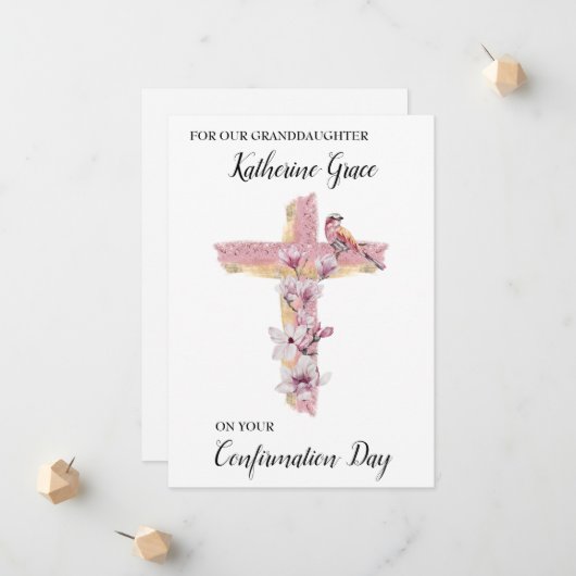 Christliches Kreuz mit rosa Magnolien personalisie Ankündigung (Vorderseite/Rückseite Beispiel)