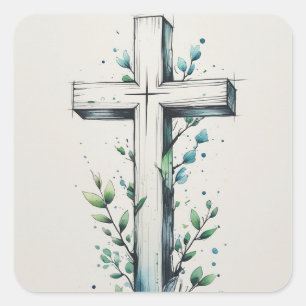 Christliches Kreuz mit Wasserfarben-Zweigen Aufkle Quadratischer Aufkleber