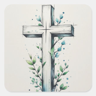 Christliches Kreuz mit Wasserfarben-Zweigen Aufkle Quadratischer Aufkleber