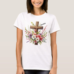 Christliches Kreuz umgeben von wunderschöner Blume T-Shirt