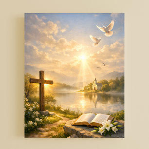 Christliches Kreuz und Bibel Sonnenaufgang Poster