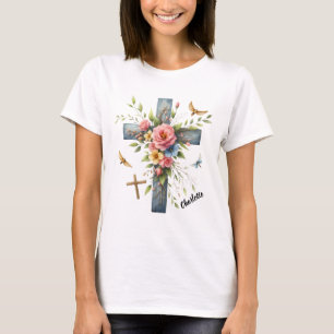 Christliches Kreuzgerüst, zartes Frühjahrsblüten T-Shirt