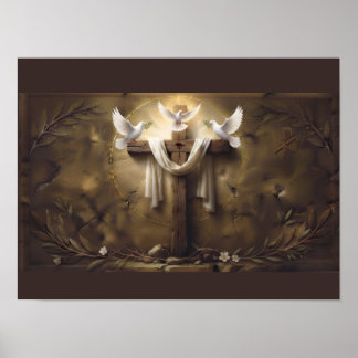Christliches Kreuzposter mit Tauben | Jesus Kreuz Poster