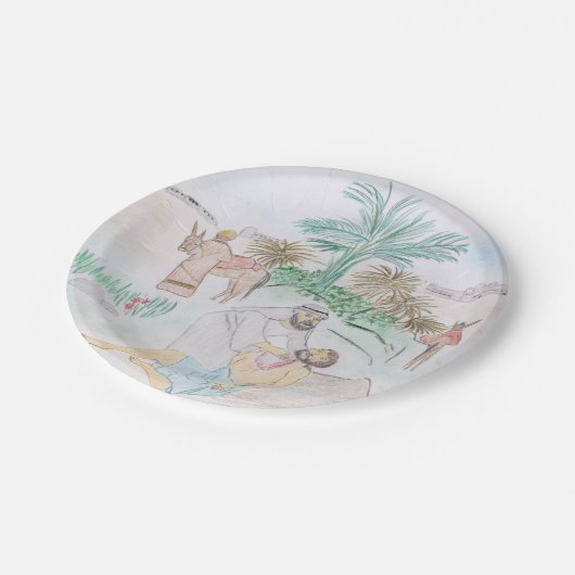 Christliches Kunstwerk Das gute Samariter Pappteller (Schrägansicht)