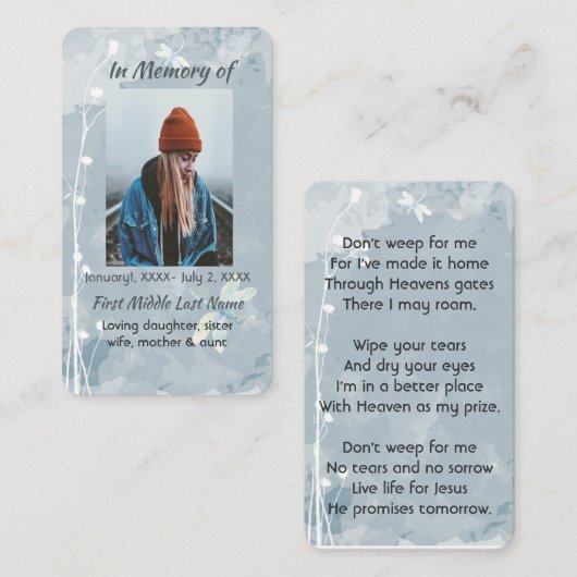 Christliches Memorial Keepake Dragonfly Weiße Blum Visitenkarte (Vorne/Hinten)