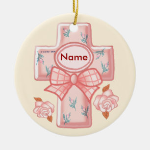 Christliches rosa Schleifen-Kreuz-Ornament Keramik Ornament
