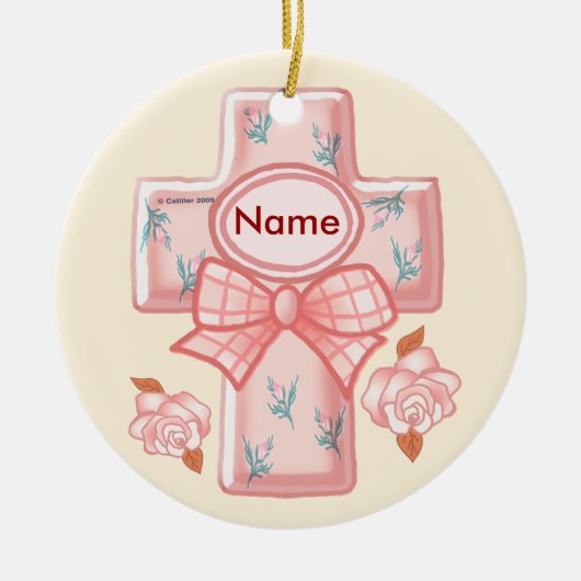 Christliches rosa Schleifen-Kreuz-Ornament Keramik Ornament (Vorne)