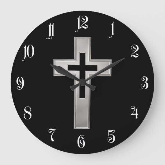 Christliches Silberkreuz Große Wanduhr (Vorderseite)