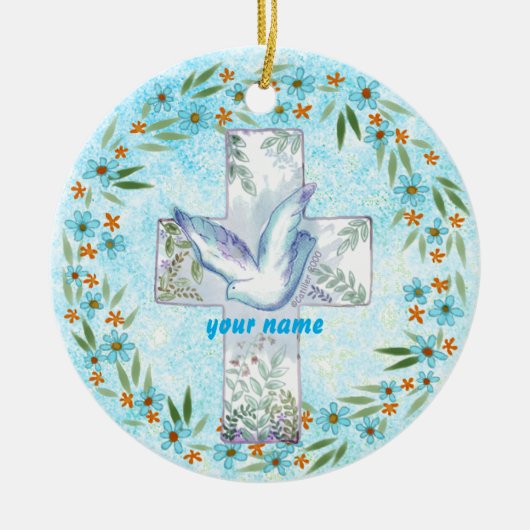 Christliches Taubenkreuz Keramik Ornament (Vorne)