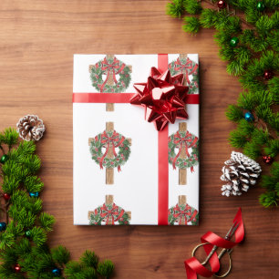 Christliches Weihnachts-Holzkreuz mit Stechpalmenk Geschenkpapier
