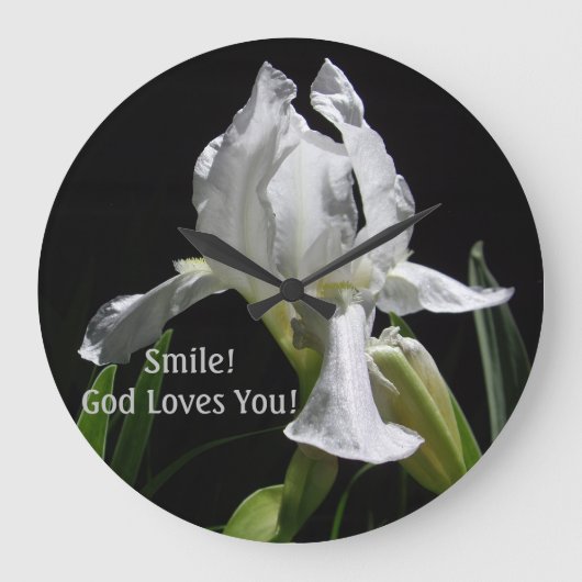 Christliches White Iris Lächeln! Gott Liebe dich! Große Wanduhr (Vorderseite)