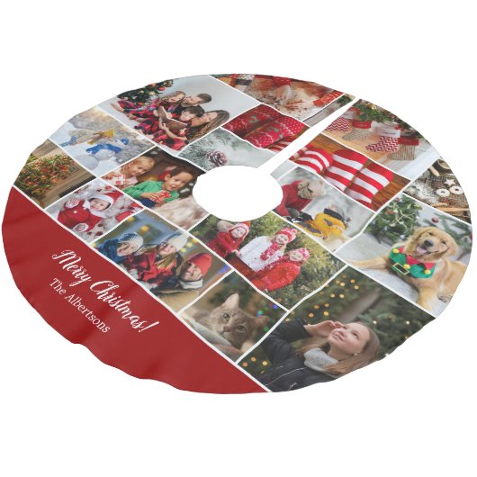 Christmas 16 Photo Collage with Family Name Red Polyester Weihnachtsbaumdecke (Schrägansicht)