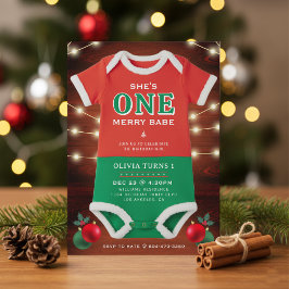 Christmas 1st Birthday Party Bodysuit Rustic Wood Einladung