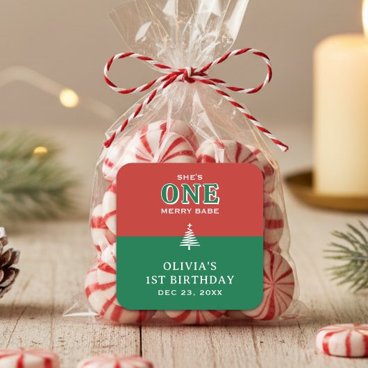 Christmas 1st Birthday Party Festive Red & Green Quadratischer Aufkleber