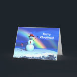 Christmas 3D Snowman Feiertagskarte<br><div class="desc">Weihnachtskarte mit meinem Urlaubssymbol eines niedlichen kleinen Schneemanns,  der vor einem Regenbogen stehend ist und einen roten Hut trägt und einen Bonbonstock trägt.</div>