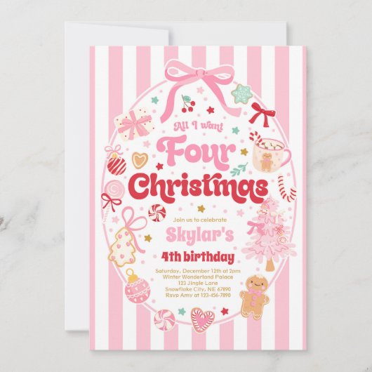 Christmas 4th Birthday Party Coquette Bow Birthday Einladung (Vorderseite)