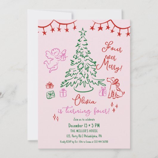 Christmas 4th birthday whimsical tree ankündigung (Vorderseite)
