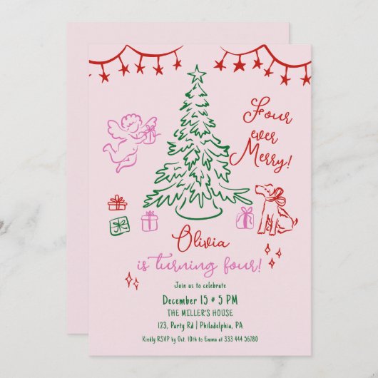 Christmas 4th birthday whimsical tree ankündigung (Vorne/Hinten)