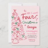 Christmas 4th Coquette Bow Christmas Tree Birthday Einladung (Vorderseite)