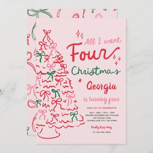 Christmas 4th Coquette Bow Christmas Tree Birthday Einladung (Vorne/Hinten)