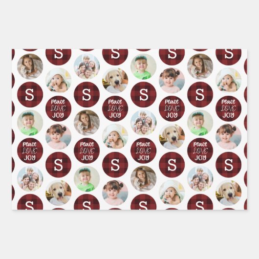 Christmas 6 Foto Monogram PEACE LIEBE JOY Red Geschenkpapier Set (Vorderseite)