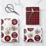 Christmas 6 Foto Monogram PEACE LIEBE JOY Red Geschenkpapier Set<br><div class="desc">Showcase 6 wiederholen Kreis Fotos (dupliziert auf 2 von 3 Blatt Weihnachtsverpackungspapier) in einem Polka Dot Muster in rustikalen roten Büffel kariert mit Ihrem Monogramm und begrüßen PEACE LIEBE JOY und das dritte Blatt ist in einem koordinierenden roten kariert. HILFE: Für Hilfe bei der Modifikation oder Personalisierung des Designs, bei...</div>